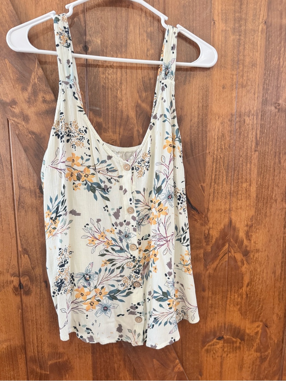 Maurices Cream Floral Button Tank with Yellow Accents